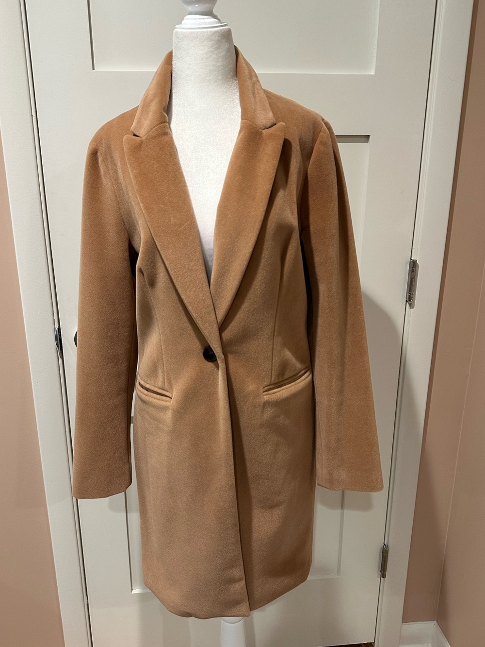 Skies Are Blue size S camel velvet Chesterfield style coat.